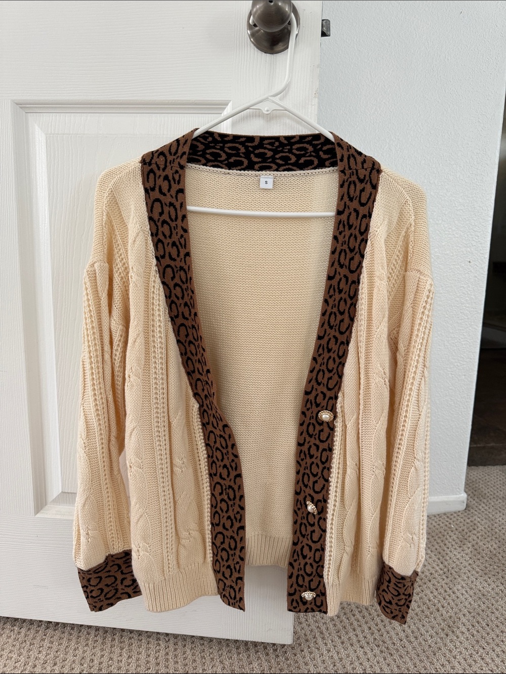 Beige Cable Knit Cardigan with Leopard Trim